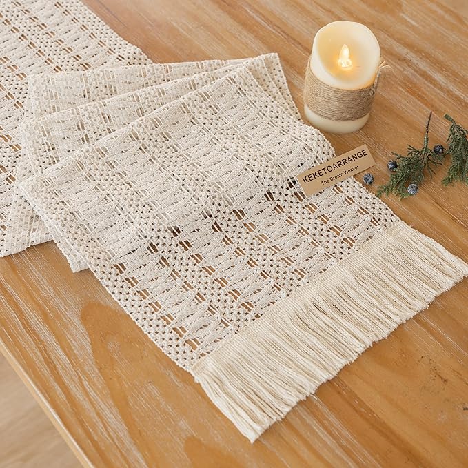 Boho Table Runner White for Home Decor 12x90 Inches Farmhouse Macrame Burlap - Image 2
