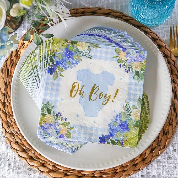Kate Aspen Baby Shower Onesie Blue Floral & Gingham Tableware Set - Image 4