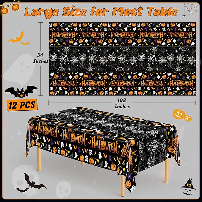 QZYL 12 Pack Halloween Plastic Tablecloth, Spider Webs Pumpkin Design - Image 2