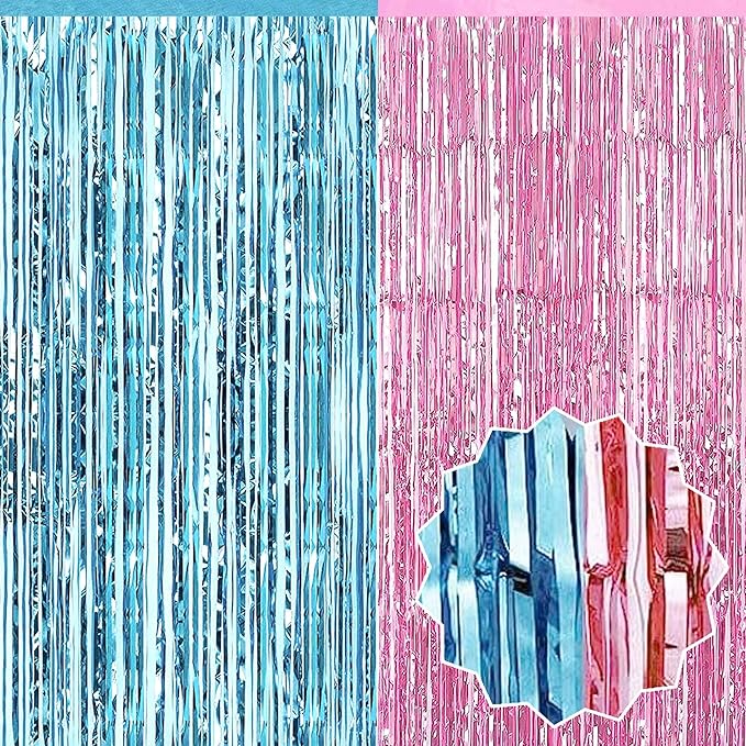 6 Pack Pink Blue Foil Fringe Curtains Backdrop, 3.28 x 8.2 Ft Metallic by LANTIANCHEN