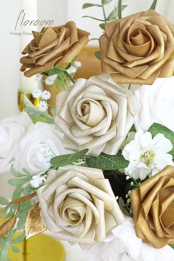 Floroom Artificial Flowers 25pcs Real Looking Gold & Champagne Gold Foam Fake - Image 5