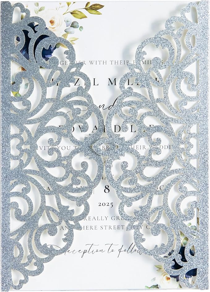 20Pcs Silver Glitter Laser Cut Invitation Cards by FEIYI