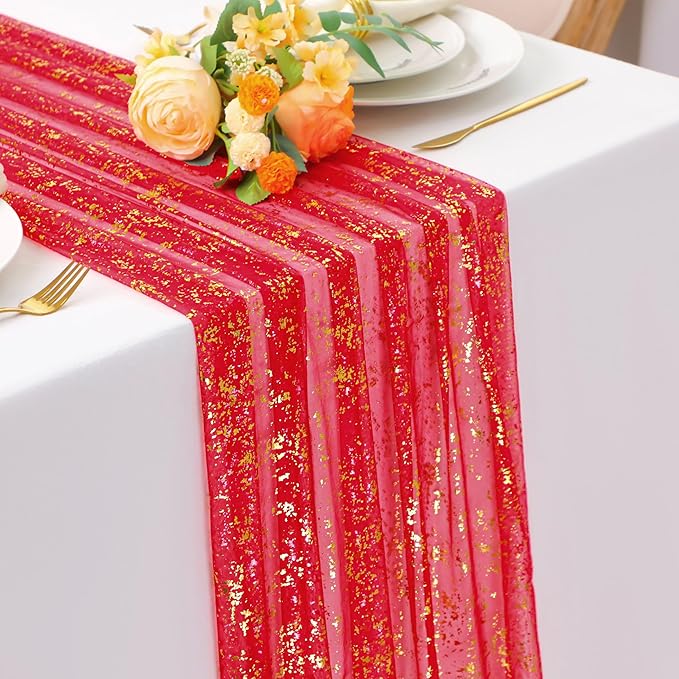 Snowkingdom 10FT Red Gold Table Runner, Sequin Glitter Sheer Chiffon Gauze by Snowkingdom