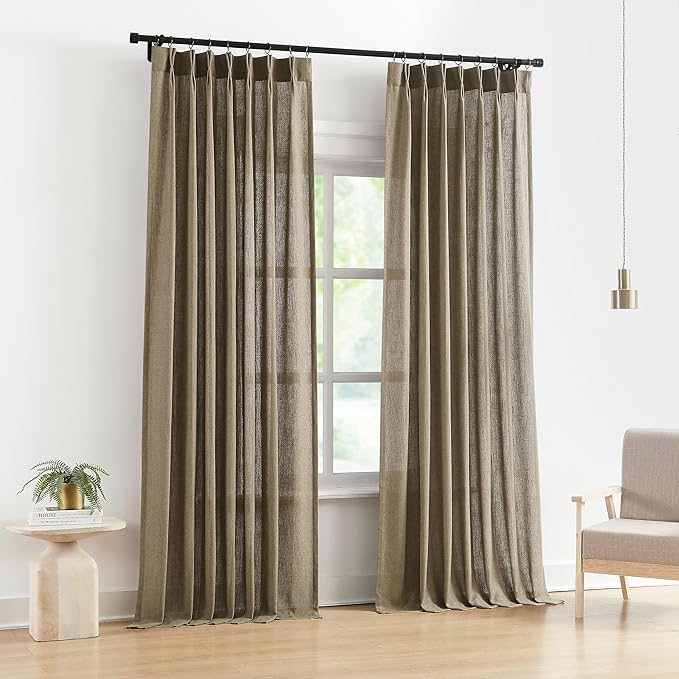 Vision Home Brown Pinch Pleated Semi Sheer Curtains Textured Linen Blended by VisionHome