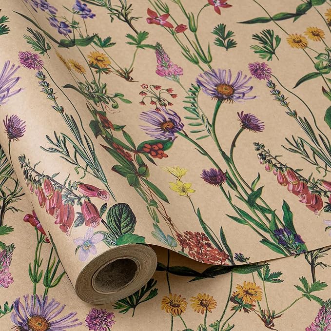 RUSPEPA 30" X 100' Wildflower Floral Wrapping Paper Large Kraft Paper Roll by RUSPEPA