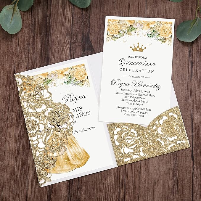 DORIS HOME 50pcs Laser Cut Quinceanera Invitations Gold Glitter, 4.7x7.1 - Image 6