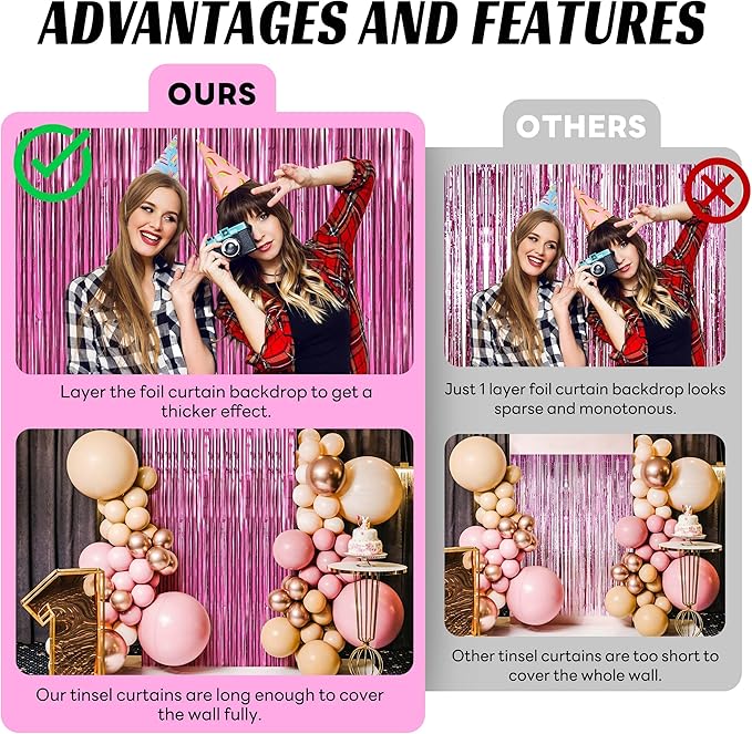 BTSD-home 10 Pack Pink Foil Fringe Curtain, Metallic Photo Booth Backdrop - Image 4