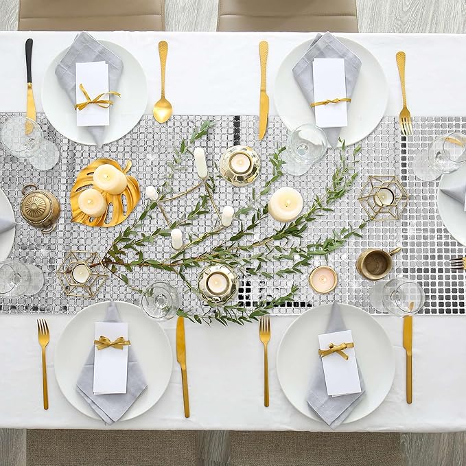 Durony 4 Pack Disco Party Table Runners, 11 x 108 Inch Silver Glitter Foil - Image 6