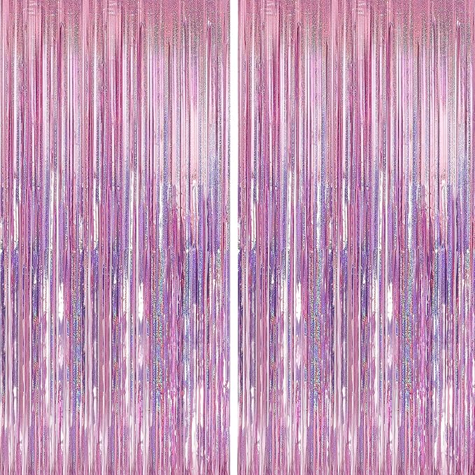 Crosize 2 Pack 3.3 x 9.9 ft Laser Pink Foil Fringe Backdrop Curtain, Streamer by Crosize