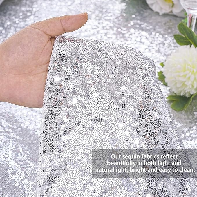 QueenDream Sequin Tablecloth 90x132 Inches Rectangular Silver Table Cloth - Image 2