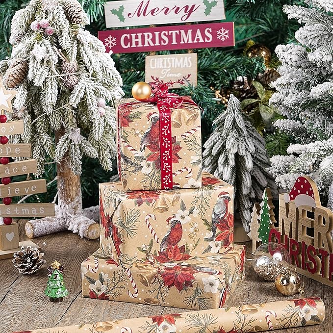 RUSPEPA Kraft Christmas Wrapping Paper Roll, Mini Roll, Cardinal Bird, - Image 3