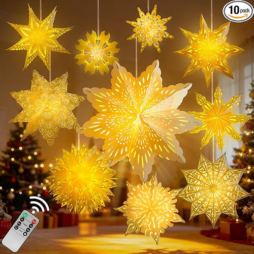 10 Pcs Christmas Paper Snowflake Lanterns, Large Christmas Paper Star Lanterns by OuMuaMua
