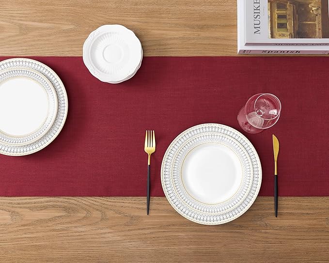 ZeeMart Linen Textured Border Table Runner, 14 x 48 Inch Red, Farmhouse Style - Image 4