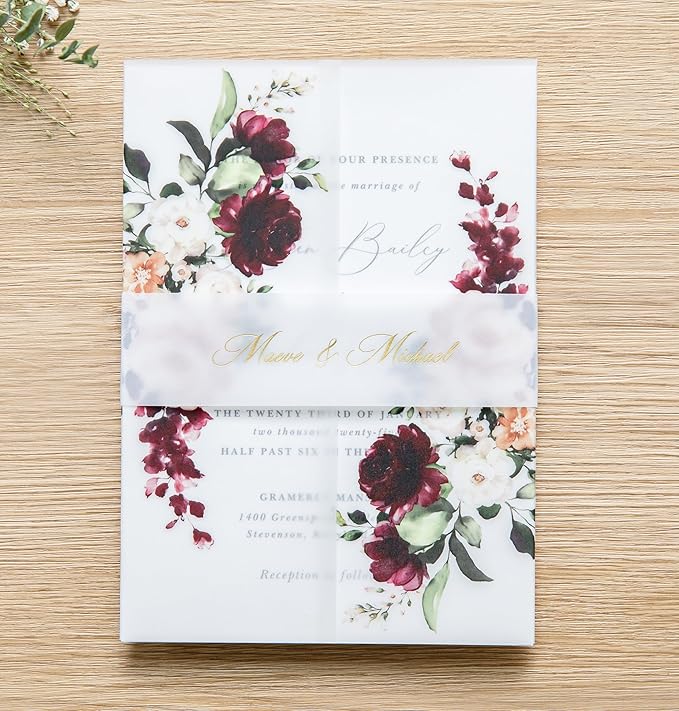 PONATIA 50 PCS Vellum Jackets for 5x7 Invitations- 135gsm Burgundy Floral - Image 7