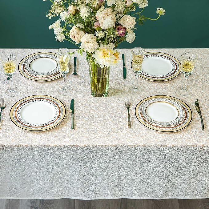 Lace Tablecloth Leaf Pattern Warp Knitting Fabric Solid White Rectangle/Oblong - Image 7