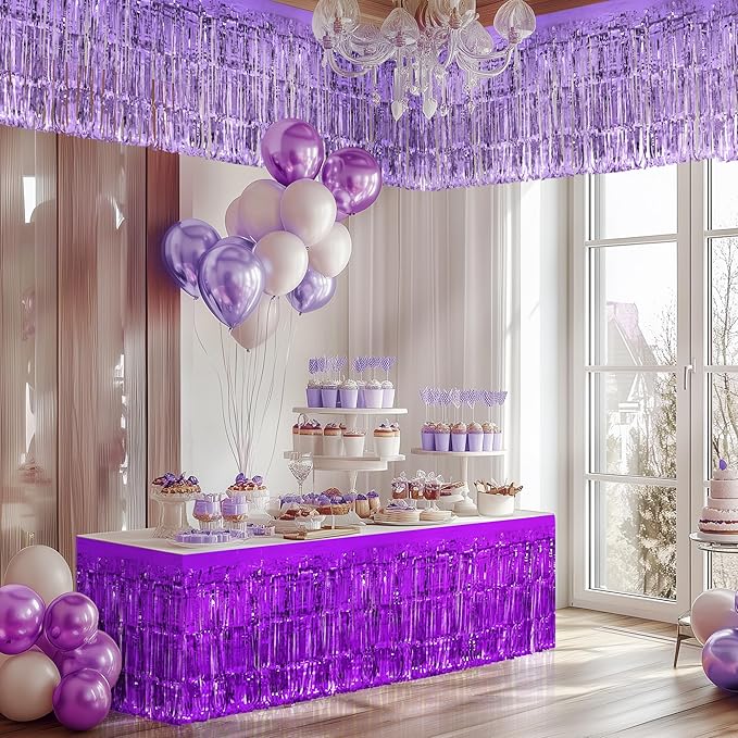 2 Pack Light Purple Dark Purple Table Skirts, 29x108" Metallic Foil Tinsel - Image 7