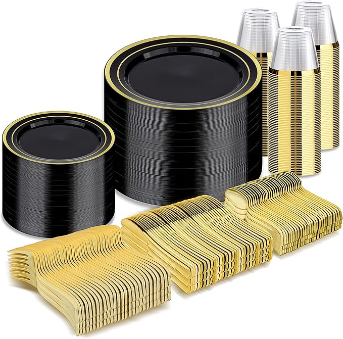 BESTVIP 600PCS Black Gold Dinnerware Set by Bestvip