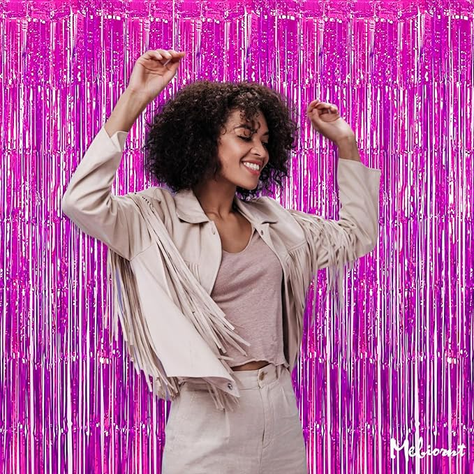 4 Pack Fuchsia Fringe Curtain Backdrop, 3.2Ft x 6.6Ft Metallic Tinsel Foil - Image 6