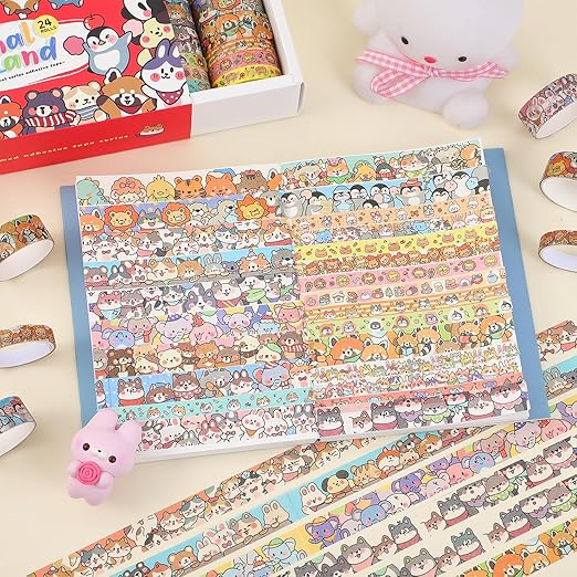 24 Rolls Colorful Cute Cartoon Animal Writable Washi Tape Set, Decorative Tapes - Image 5