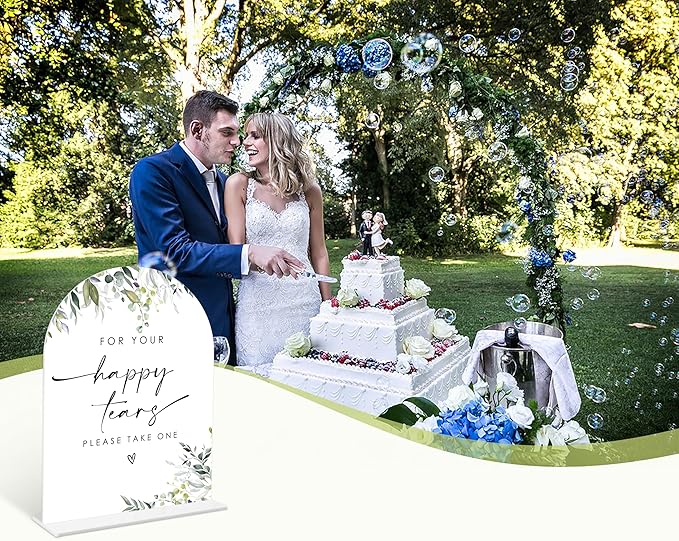 Greenery Happy Tears Tissue Sign, 6 x 8 Inch White Arch Acrylic Wedding Sign - Image 6
