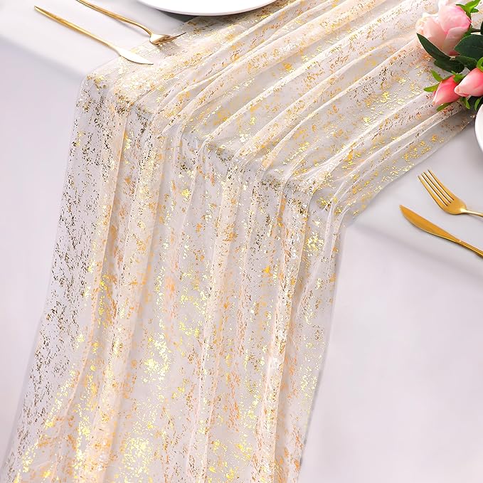 Snowkingdom 3Pcs 10 Ft Gold Table Runners, Sheer Chiffon Tulle Cheesecloth by Snowkingdom