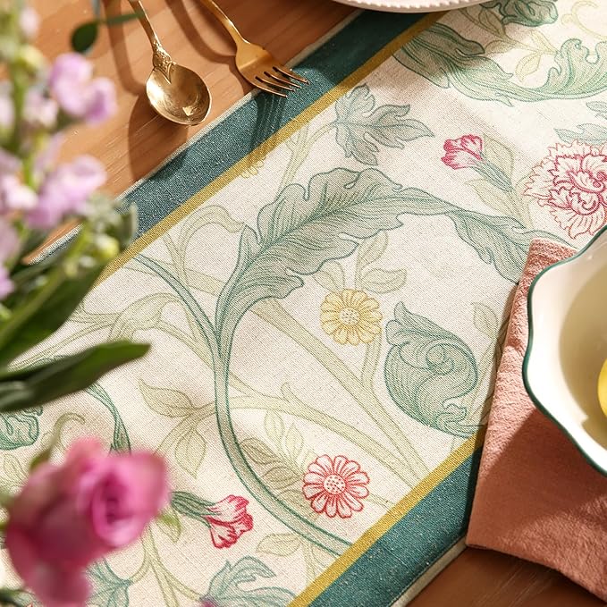 patdrea Designer Green Floral Table Runner, French Elegant Vibrant Rustic Linen - Image 4