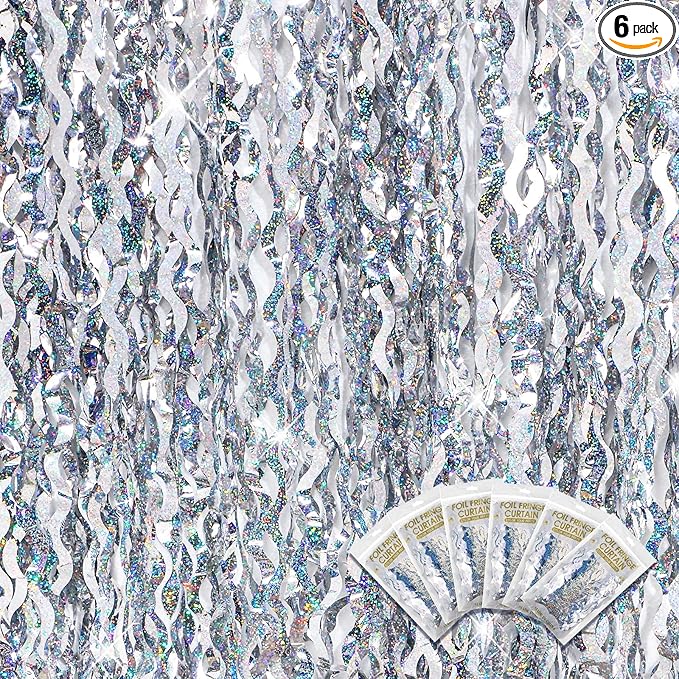 Jutom 6 Pieces 3.3 x 6.6 ft Wavy Tinsel Foil Fringe Curtains Foil Fringe by Jutom