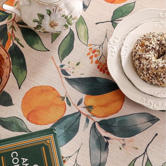 patdrea Designer Linen Round Table Cloth, Vintage Framhouse Oranges and Leaves - Image 6
