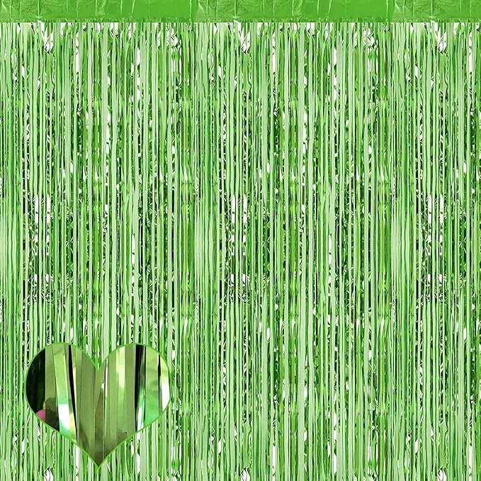 4 Pack Fringe Curtain Backdrop, 3.2Ft x 6.6Ft Light Green Metallic Tinsel Foil by Mebiornt