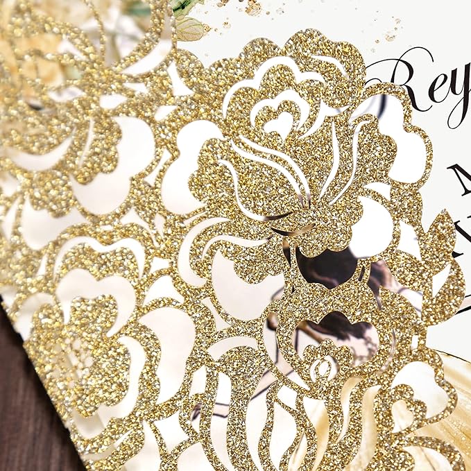 DORIS HOME 50pcs Laser Cut Quinceanera Invitations Gold Glitter, 4.7x7.1 - Image 4