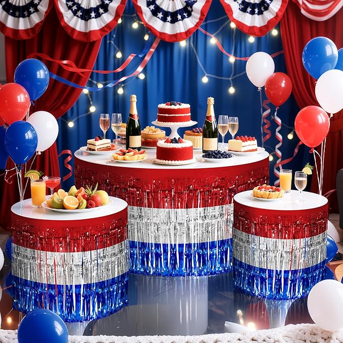 2 Pack Red&White&Blue Table Skirts, 29x108" Metallic Foil Tinsel Fringe Table - Image 9
