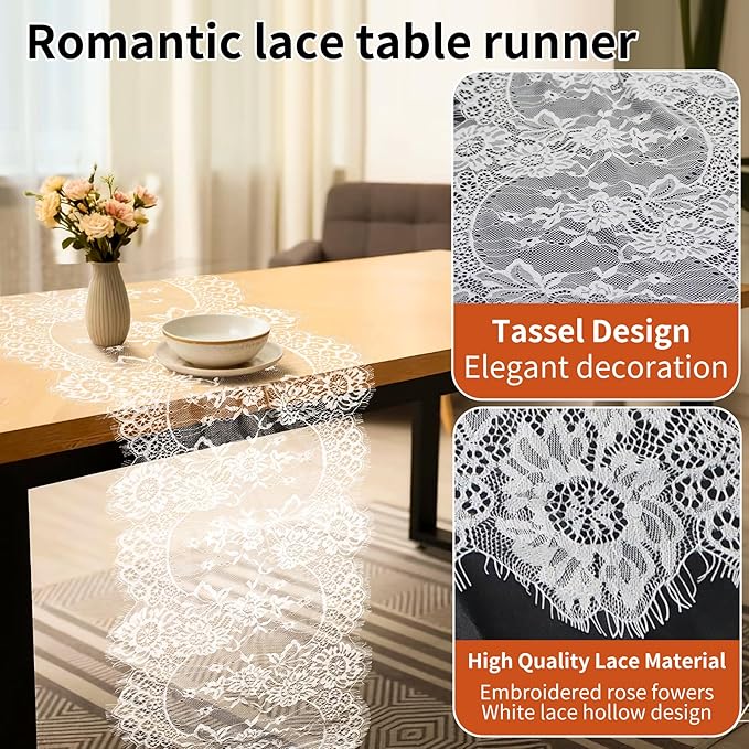 HAIBAS 12 Pcs White Lace Table Runners 14 x 120 Inch Boho Rose Embroidered - Image 2