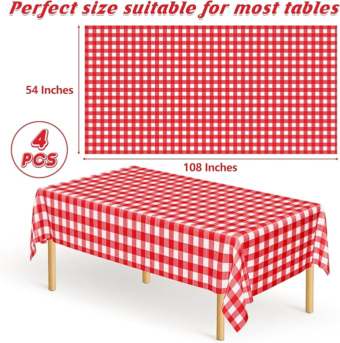 4Pack Plastic Table Cloth Ddisposable, Waterproof Red and White Checkered - Image 2