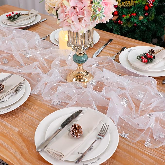 Snowkingdom 6 Pcs Christmas Snowflake Table Runners, 120 Inch Sheer Chiffon - Image 6