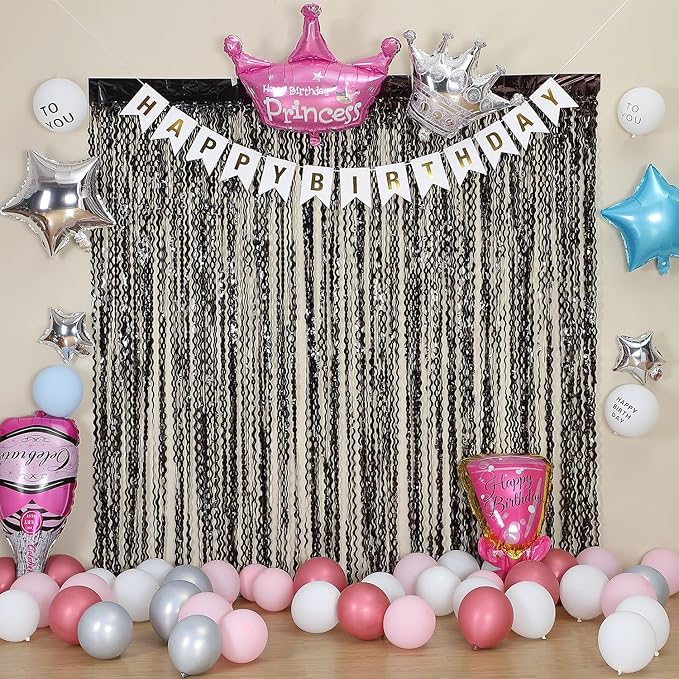 3 Pack New Years Decorations Wavy Black Tinsel Foil Fringe Curtains Party - Image 6