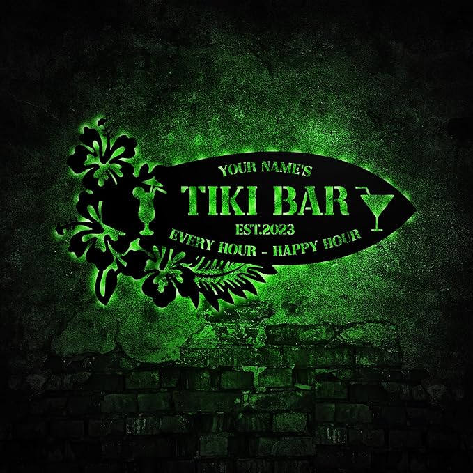 Personalized Tiki Bar Decor LED Tin Metal Sign Wall Art, Backyard Grill Pool by soulglass