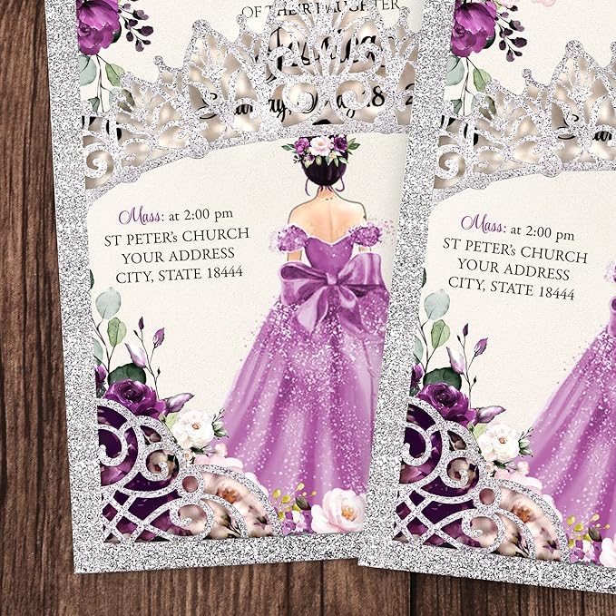 50Pcs Purple Crown Invitations for Quinceanera, 15 year, Sweet 16, Miss XV - Image 3
