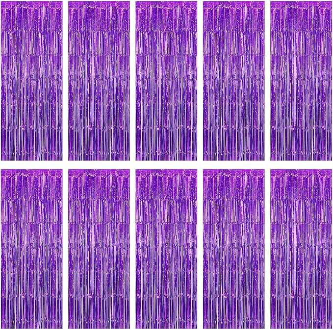10 Pack Purple Foil Curtain Backdrop 3.2ft x 9.8ft Black Metallic Tinsel Foil by Ohiyoo