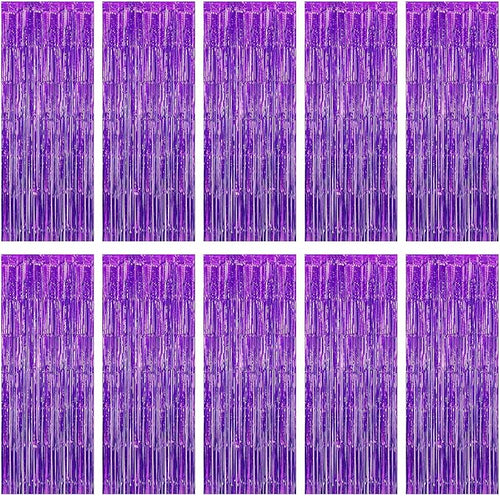 10 Pack Purple Foil Curtain Backdrop 3.2ft x 9.8ft Black Metallic Tinsel Foil by Ohiyoo