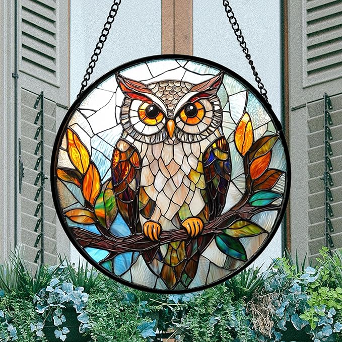 Stained Glass Window Hanging, Owl Colorful Leaves Birds Sun Catchers Diamond - Image 3