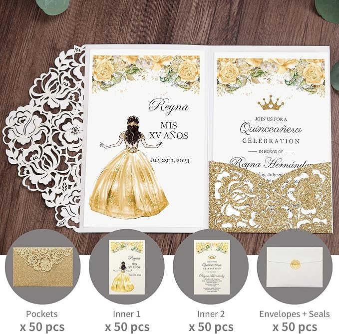 DORIS HOME 50pcs Laser Cut Quinceanera Invitations Gold Glitter, 4.7x7.1 - Image 3