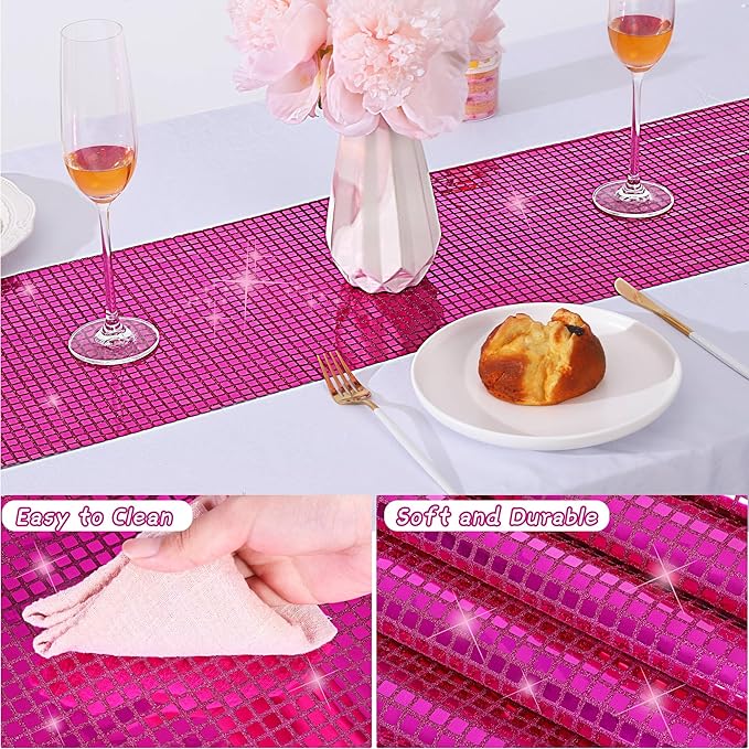 Durony 4 Pack Disco Table Runner 11 x 108 Inch Mirror Hot Pink Glitter Foil - Image 3