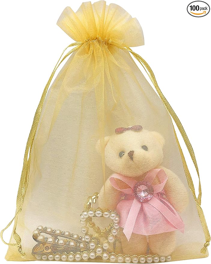 100pcs Gold Organza Gift Bags 6x9 Inch Mesh Drawstring Pouch Jewelry Bags by Jexila