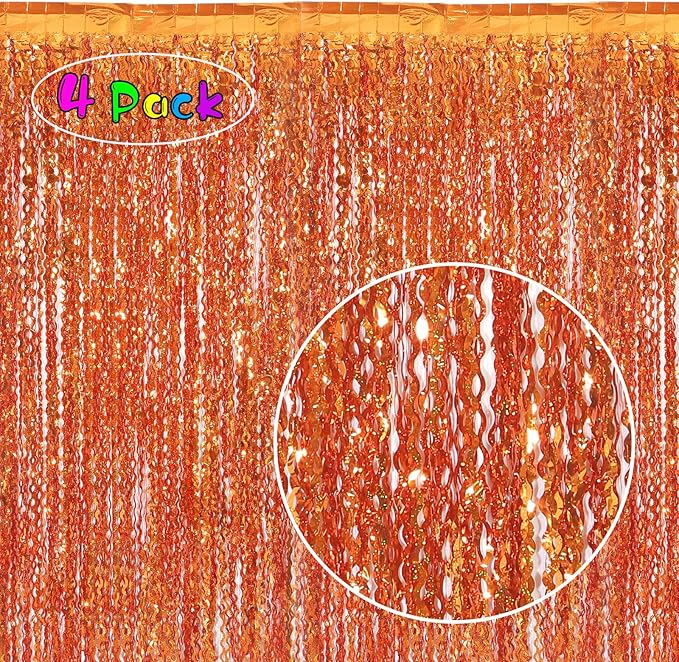 4 Pack Orange Wavy Metallic Tinsel Foil Fringe Curtains | 3.3 ft x 6.6 ft Party - Image 2