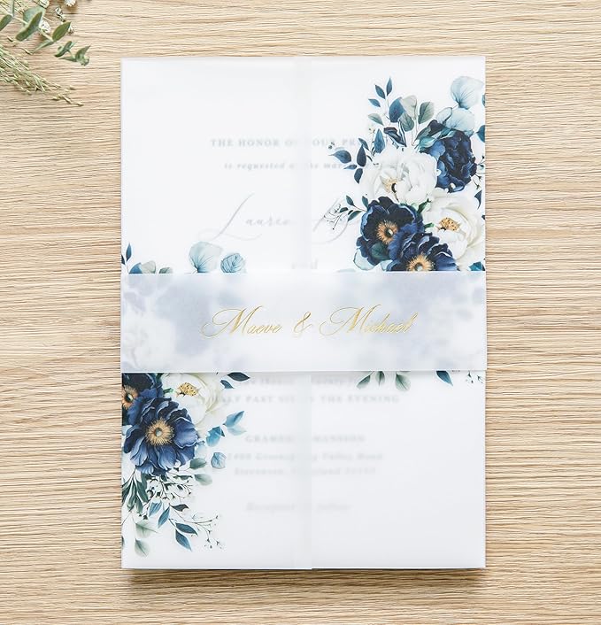 PONATIA 50PCS Vellum Jackets for 5x7 Invitation Cards- 135GSM Navy Blue Flowers - Image 5