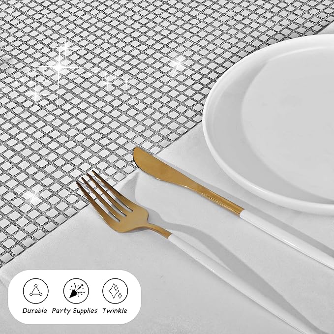 Durony 4 Pack Disco Party Table Runners, 11 x 108 Inch Silver Glitter Foil - Image 5