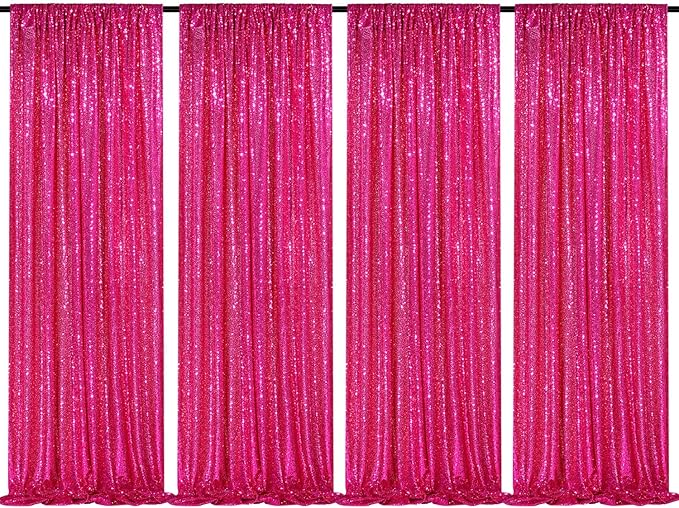 Fuchsia Sequin Backdrop Drapes 4 Panels 2FTx8FT Glitter Backdrop Curtains by QueenDream