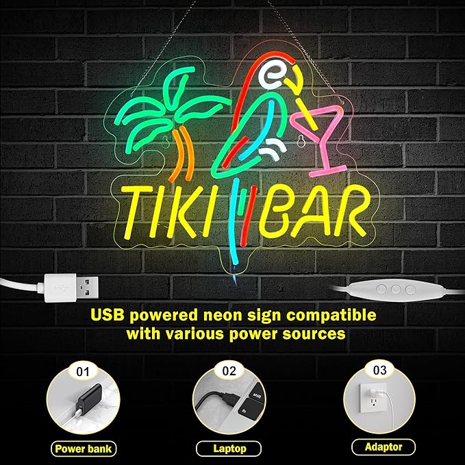 Tiki Bar Neon Sign for Wall Décor Dimmable LED Parrot Palm Tree Cocktails Signs - Image 4