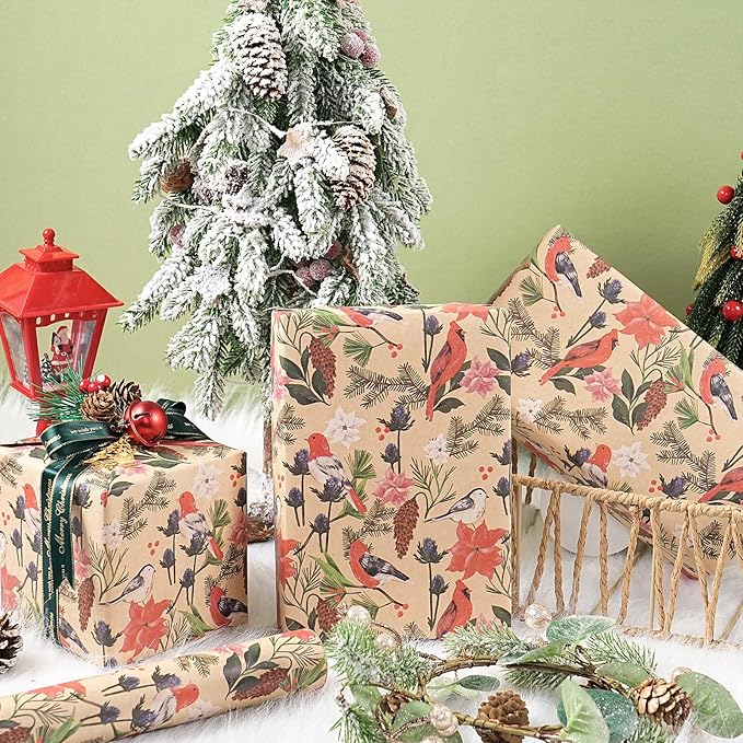 RUSPEPA Kraft Christmas Wrapping Paper Roll, Mini Roll, Watercolor Bird and - Image 4