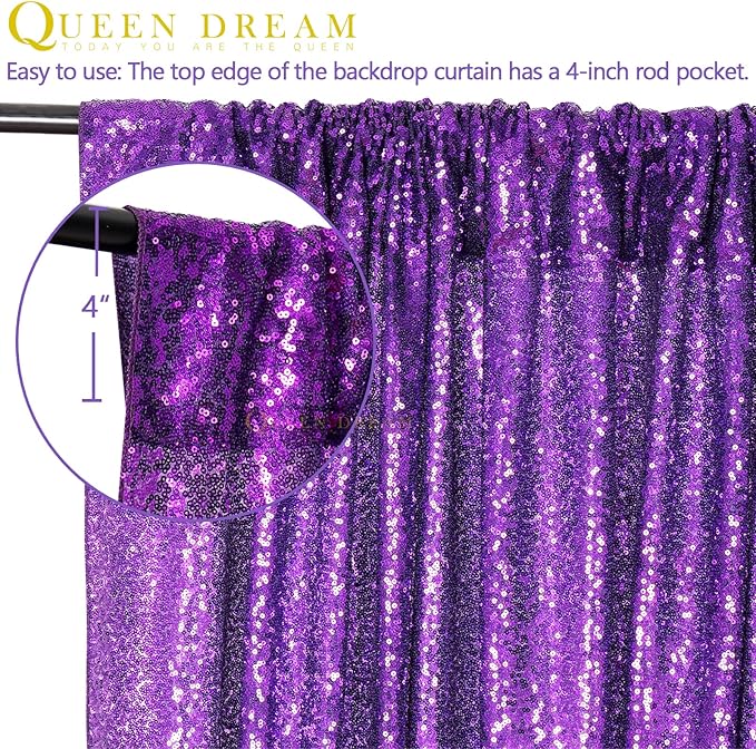 Purple Backdrop Curtins Sequin Fabric 3 Panels Background Drapes 2FT x 8FT - Image 5